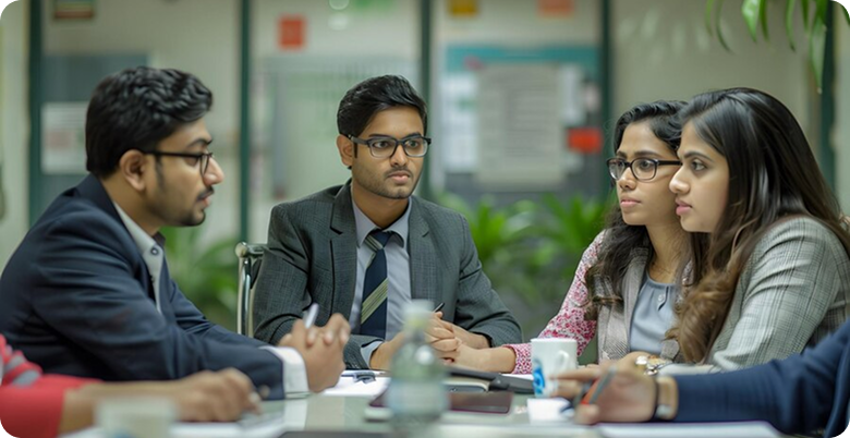 Employee collaboration during business meeting for payroll solutions